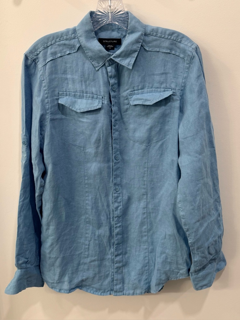 Men’s S 100% Linen Button Up Shirt Fitted Blue Summer Resort Beach lightweight